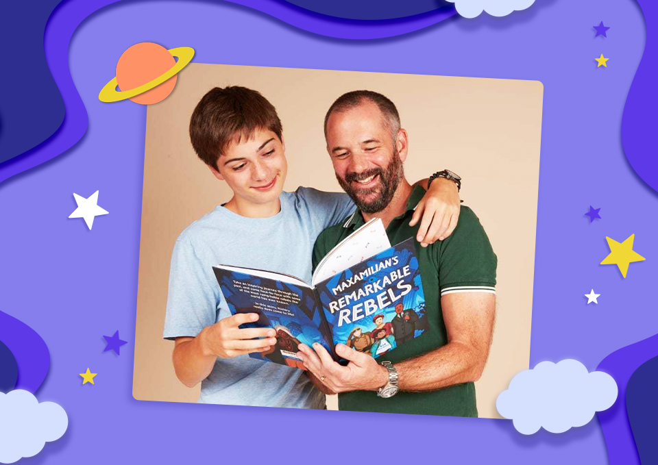 Father and his son read a book together - blue starry background