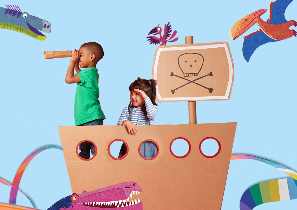 kids on a cardboard boat