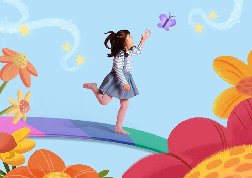 a girl running down a rainbow road