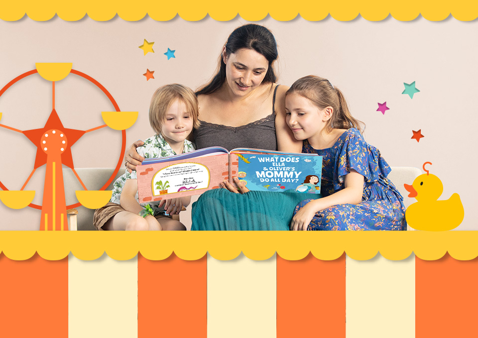 Mom reading a Personalized book to her son and daughter