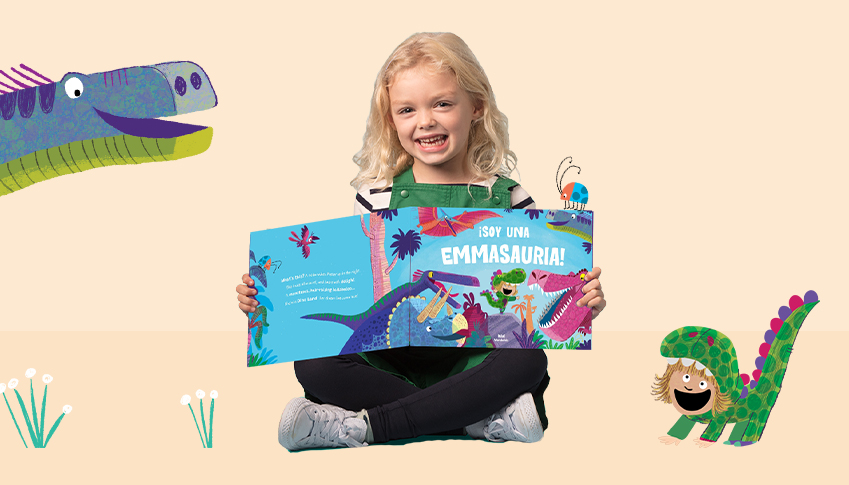 imagen de niña leyendo un libro personalizado de dinosaurios 